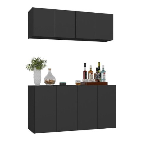 Kit Bar Armário Aéreo e Aparador 4 Portas Multimóveis Mp1075 Preto
