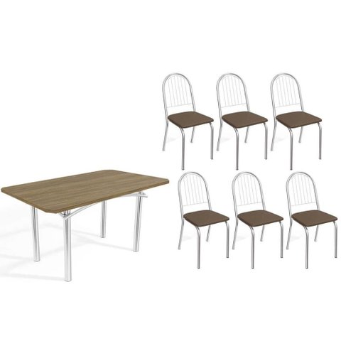 Conjunto: Mesa Sala Jantar Elba C/ Tampo de Madeira 160cm e 6 Cadeiras Noruega Cromada/nogueira -