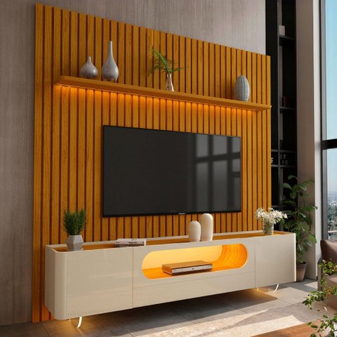 Rack com Painel para TV até 85 Polegadas Sole 2 Portas Ripado 100% MDF com Vidro Naturale/Off White 