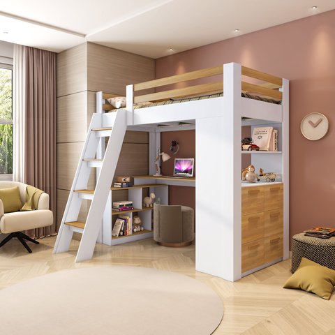 Cama Alta Beliche Office Infantil Multifuncional com 6 Gavetas Micenas Yescasa