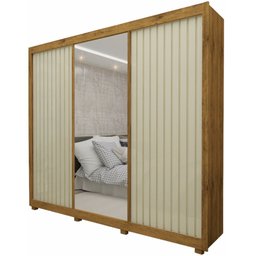 Guarda Roupas casal Gelius Royale Ripado 3 portas de correr com espelho Madeirado Off White - 1