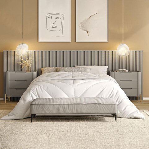 Conjunto Cabeceira Queen com 2 Mesas de Cabeceira 320cm Cor:grigio com Dourado