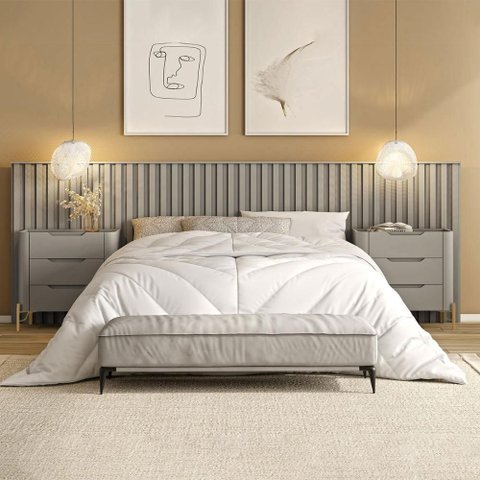 Conjunto Cabeceira Queen com 2 Mesas de Cabeceira 320cm Cor:Grigio com Dourado