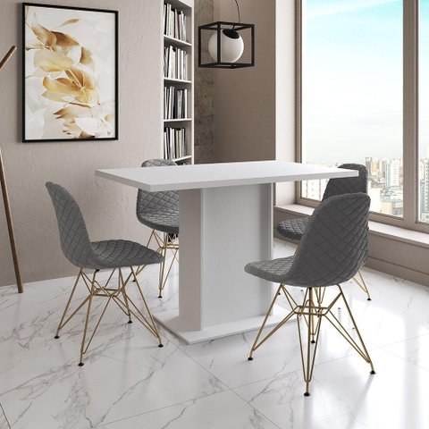 Mesa Jantar Londres Tampo Branco 120cm 4 Cadeiras Base Dourado Estofado Grafite