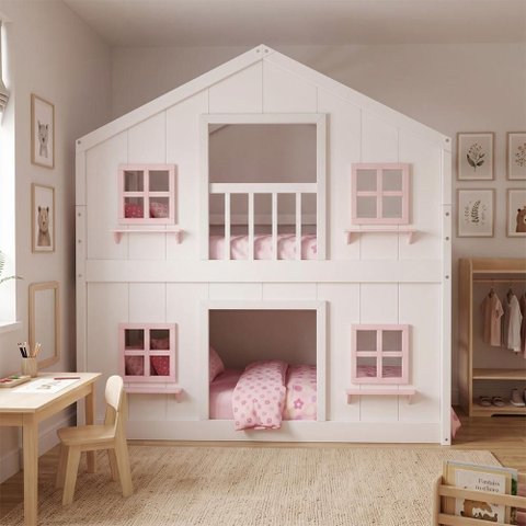 Beliche Montessoriano Casinha Dos Sonhos Madeira Maciça Branco Rosa Solteiro Megamobília