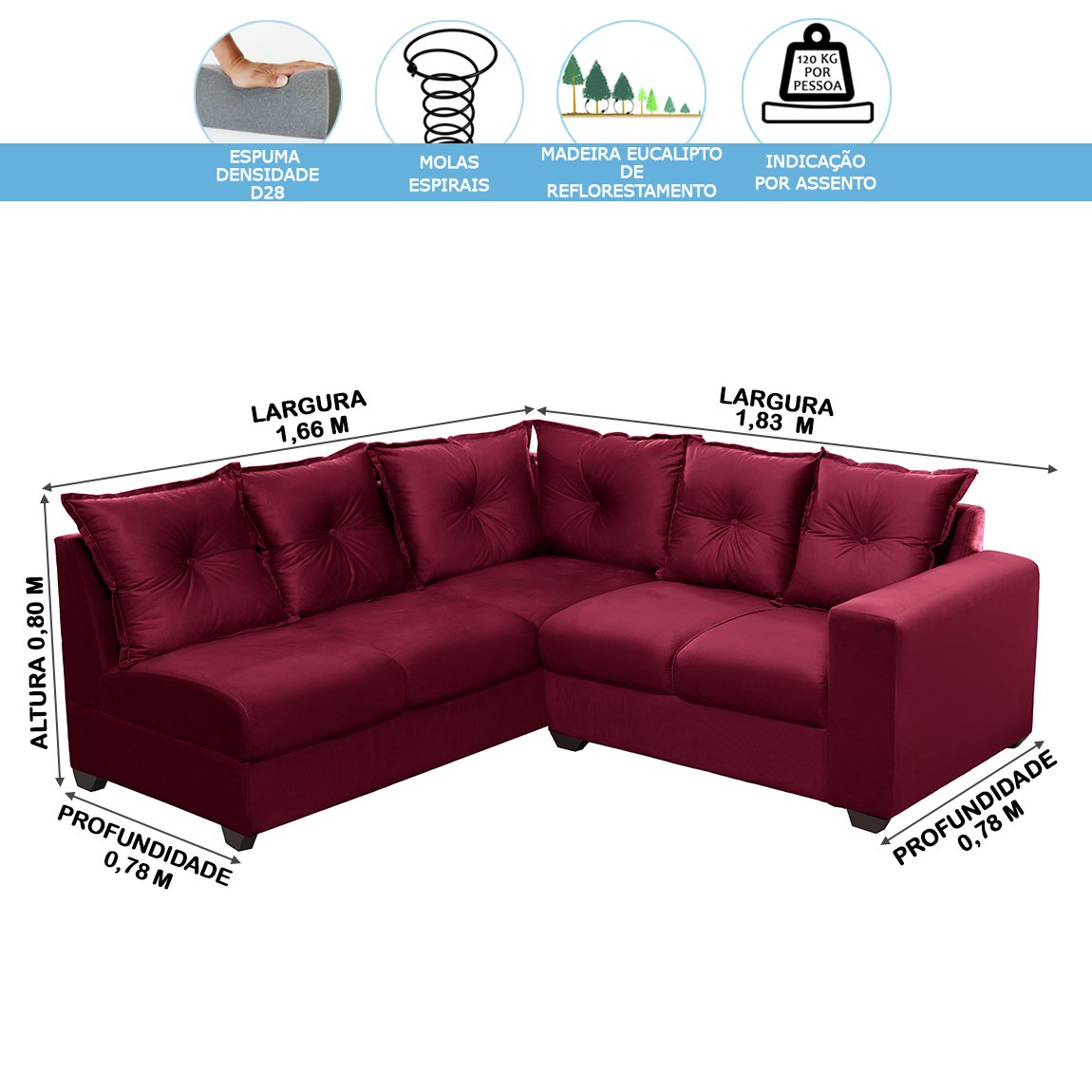 Sofá de Canto Califórnia 4 Lugares, com Molas Espirais, 1,66x1,83 Metros, Espuma Densidade D28, Verm - 5