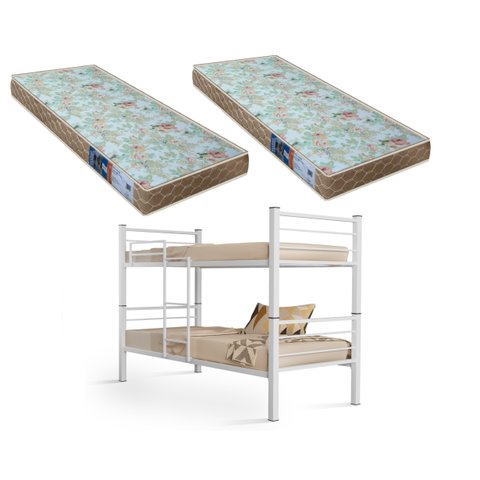 Beliche 100% Ferro/aço Cristal Vira 2 Camas C/grade Proteção e Escada + 2 Colchões D-23 -branco