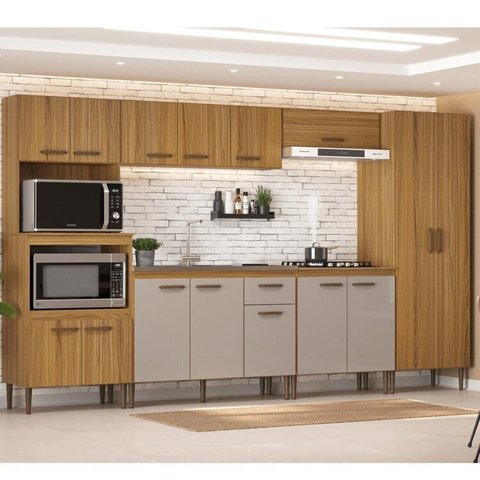 Cozinha Compacta Modulada 6 Peças Berlim Bege/Ipê/Cristalo