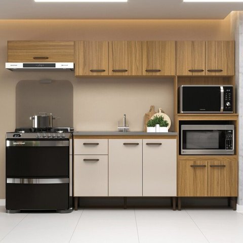 Cozinha Compacta Modulada 4 Peças Berlim Bege/Ipê/Cristalo