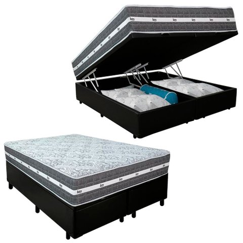 Cama Box Baú Casal Bipartido Sintético + Colchão Anjos Black Graphite Molas Ensacadas 138x188x64cm P