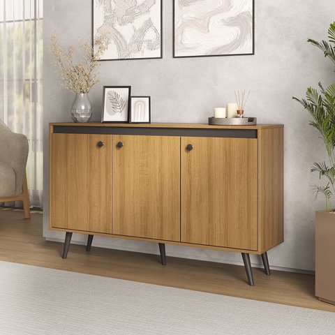 Buffet Aparador 3 Portas 135cm Miami Marrom/Lamina Mel/Preto