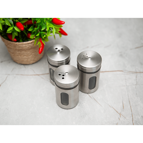 Porta Tempero e Condimentos Revestido em Aço Inox com Visor de Vidro (3 un)