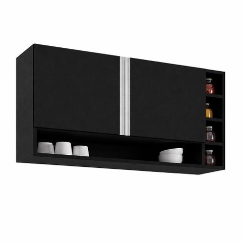 Armário Aéreo Cozinha Vanessa 105cm 2 Portas Nicho Lateral MDP Funcional Preto - Desk Design