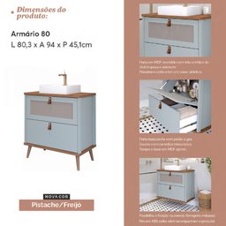 Armário Gabinete de Banheiro 80cm Mdf Pistache 1 Porta Gaveta C/ Cuba - 3