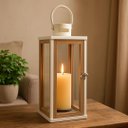 Ver imagem 2 de Lanterna Decorativa Metal Branco Prime e Madeira com Vidro 38cm X 13cm