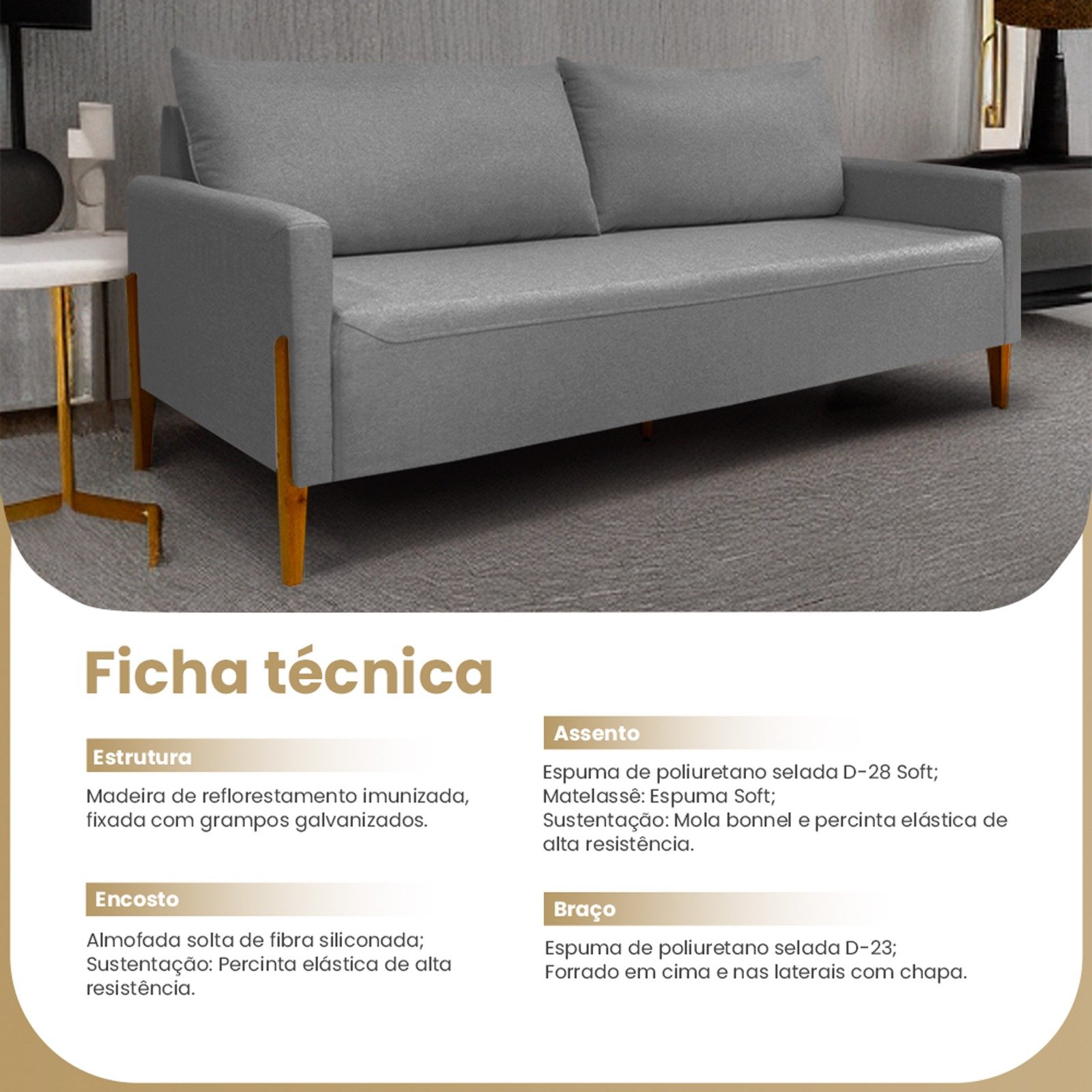 Sofá Elegance 2 Lugares 1,40m Linho Cinza Escuro Recepção Consultório Clean Moderno - Lv - 4