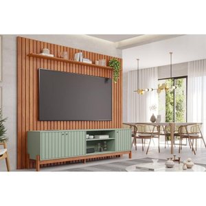 Rack Bancada C/ Painel P/ Tv até 75 Pol Maragogi/holanda Ripado 4 Portas 230x220cm Salvia/cinamomo