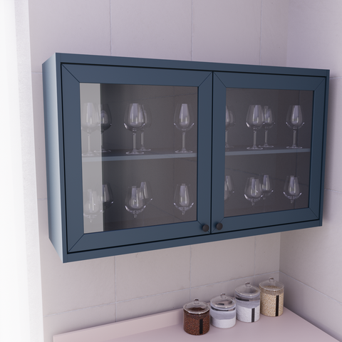 Armário Aéreo 120cm 2 Portas com Vidro Moldurado Cozinha Sevilha Azul