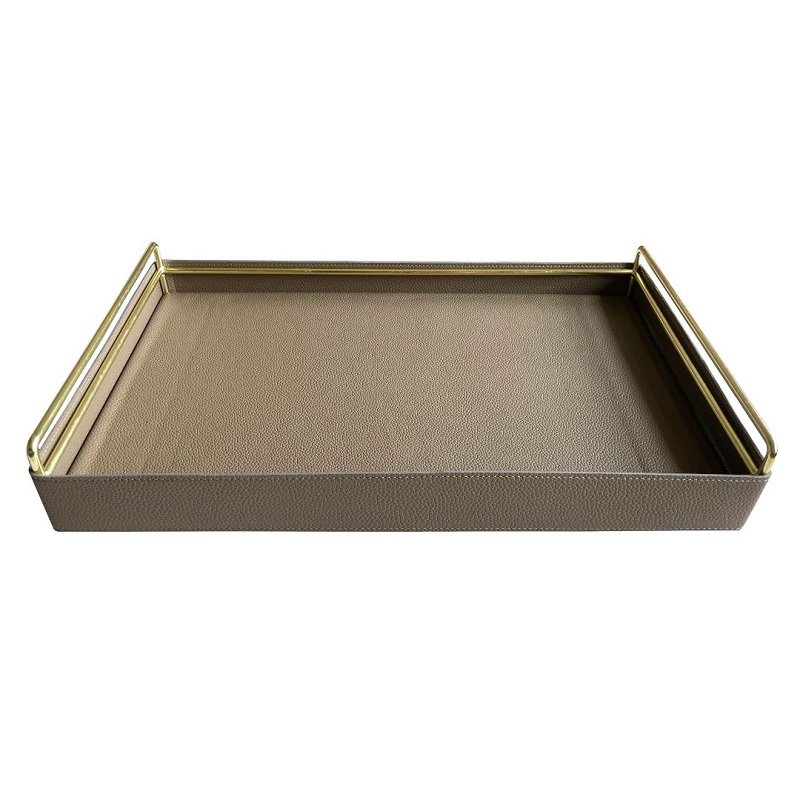 Bandeja Retangular em Madeira Revestida de Pu com Alças de Metal 45x28,5x7,5cm Cor Cinza