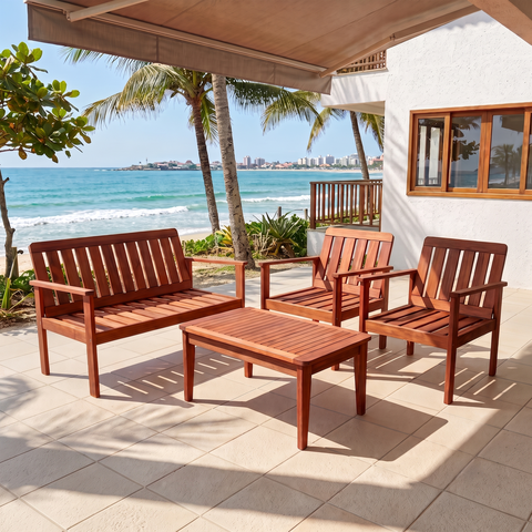 Conjunto para Jardim com 1 Sofá 2 Poltronas 1 Mesa de Centro Madeira Maciça Marrom