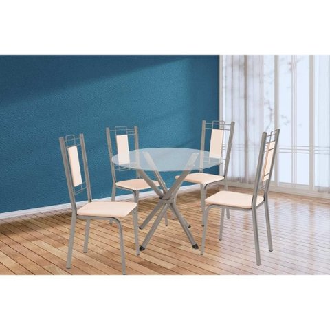 Conjunto: Mesa de Cozinha Volga C/ Tampo de Vidro 95cm e 4 Cadeiras Florença Niquel - Courano Bege