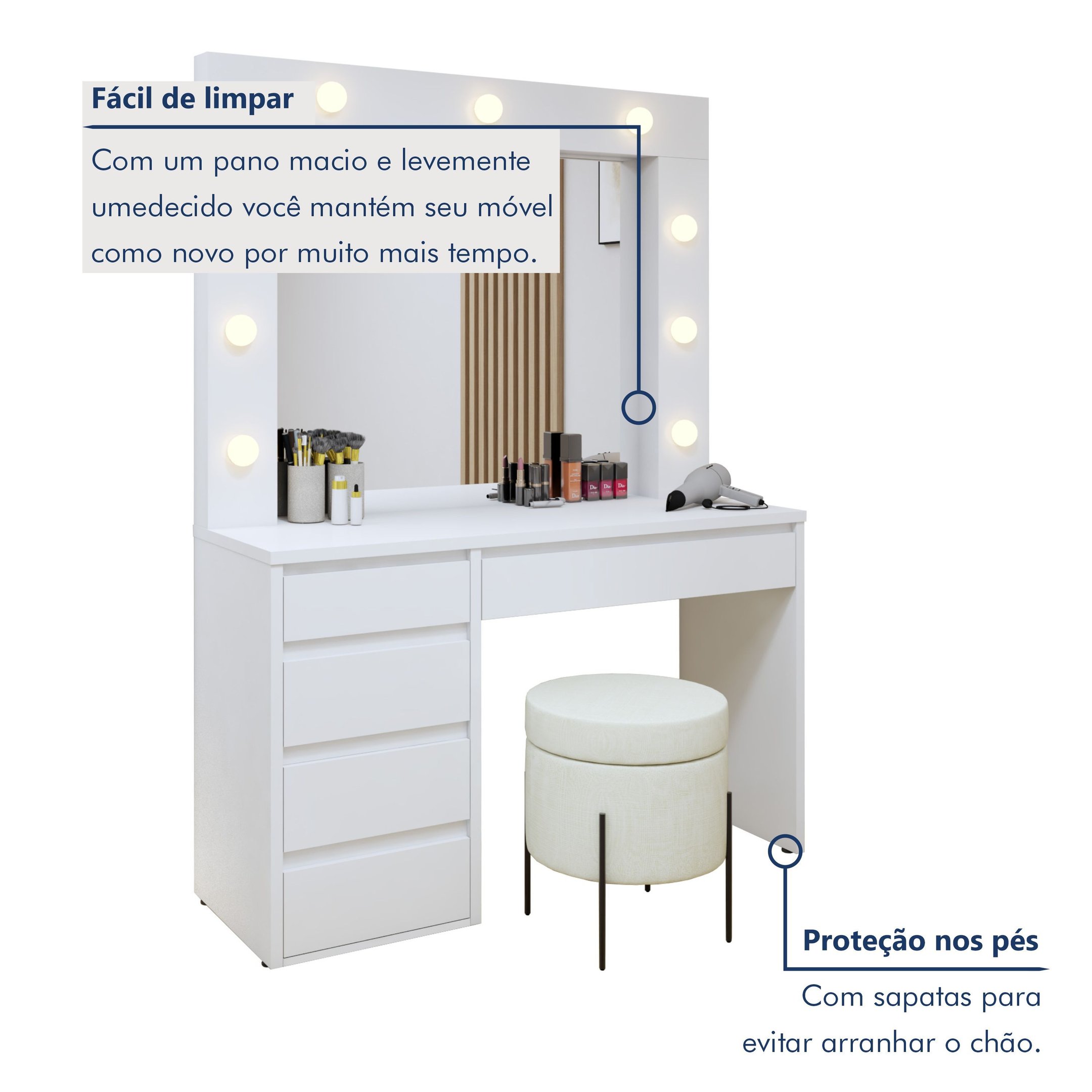 Penteadeira Camarim 100% MDF 5 Gavetas Munique - 5