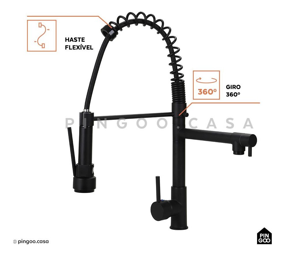 Torneira Misturador Monocomando Cozinha Gourmet Preta Fosco Pingoo.casa - 4