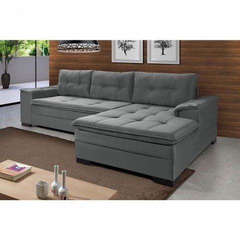 Sofá Viena Chaise Suede Fixo Pés Madeira Living Confortável Império Cinza 380