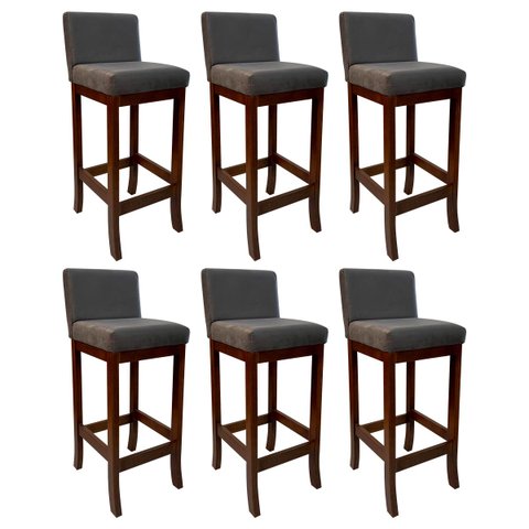 Kit 6 Banquetas Alta Estofada para Bancada Castanho Melody Suede Cinza