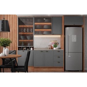 Cozinha Completa 6 Peças Bella 2 Aéreos 1 Balcão Cristaleira 2 Complementos C6p51 Nogal Cinza