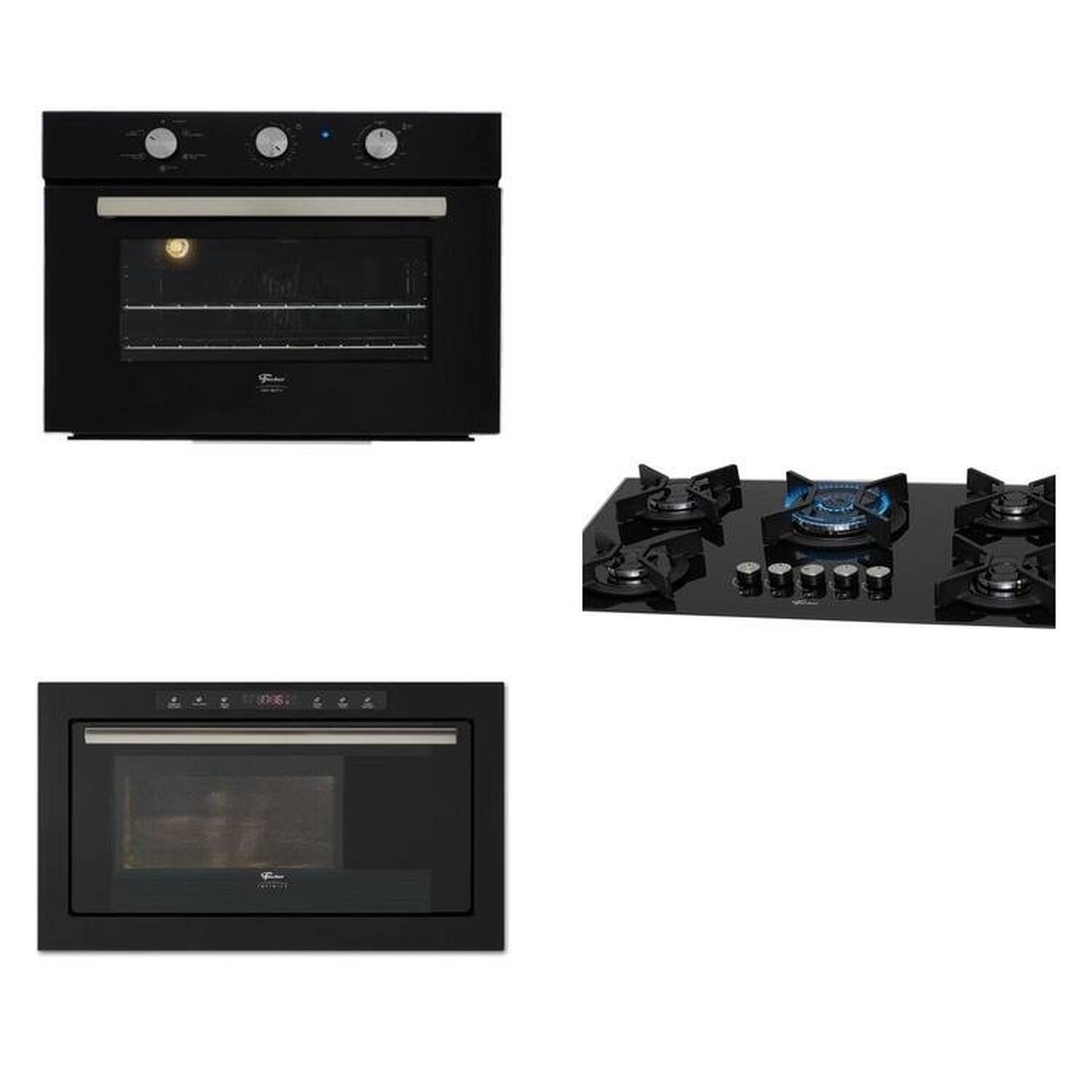 Conjunto de Embutir Fischer com Forno Elétrico 50l com Air Fryer + Micro-ondas 25l com Dourador + Cooktop 5 Bocas Tripla Chama Linha Infinity 220v