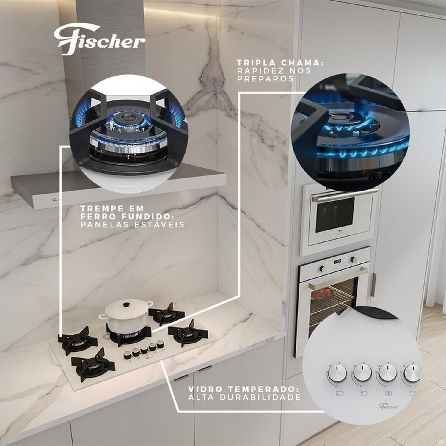 Conjunto de Embutir Fischer com Forno Elétrico 50l com Air Fryer + Micro-ondas 25l com Dourador + Cooktop 5 Bocas Tripla Chama Linha Infinity 220v - 9