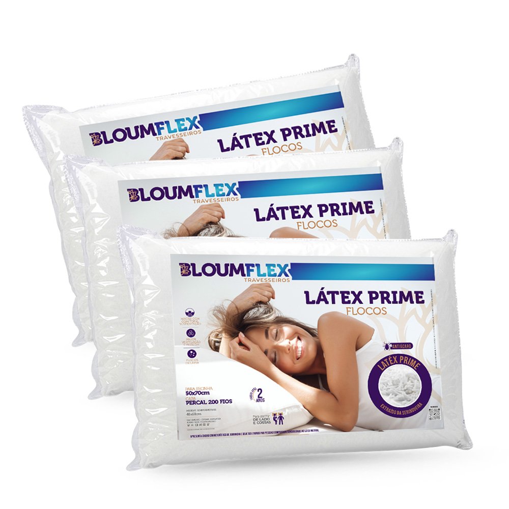 Kit 3 Travesseiros Látex Prime Flocos - Bloumflex