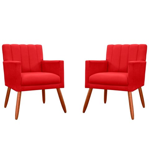 Kit 2 Poltronas Decorativa Cecília Suede Vermelho Pés Madeira Mz Decor