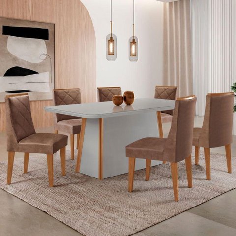 Mesa de Jantar Diane 180cm Tampo MDF Vidro 6 Cadeiras Isadora Moderna Tork Naturale Serigrafia Off
