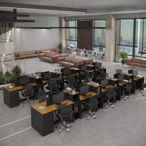 Estação de Trabalho 20 Lugares Office Smart 20 Mesas 16 Armários 2 Aparador - Preto e Cedro