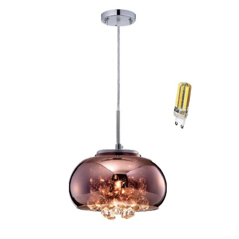 Luminaria Bacia Cobre Pendente Metal e Cristais K9 Legítimos com Lâmpada G9 Led 3000k Bivolt