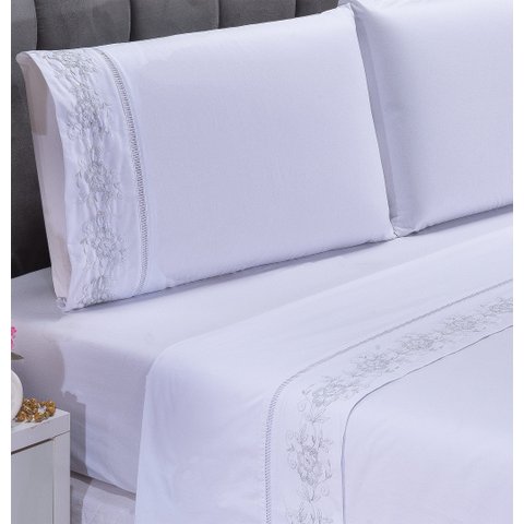 Jogo lençol Floral quarto casal king bordado 4 peças 2fronha: Branco com Cinza