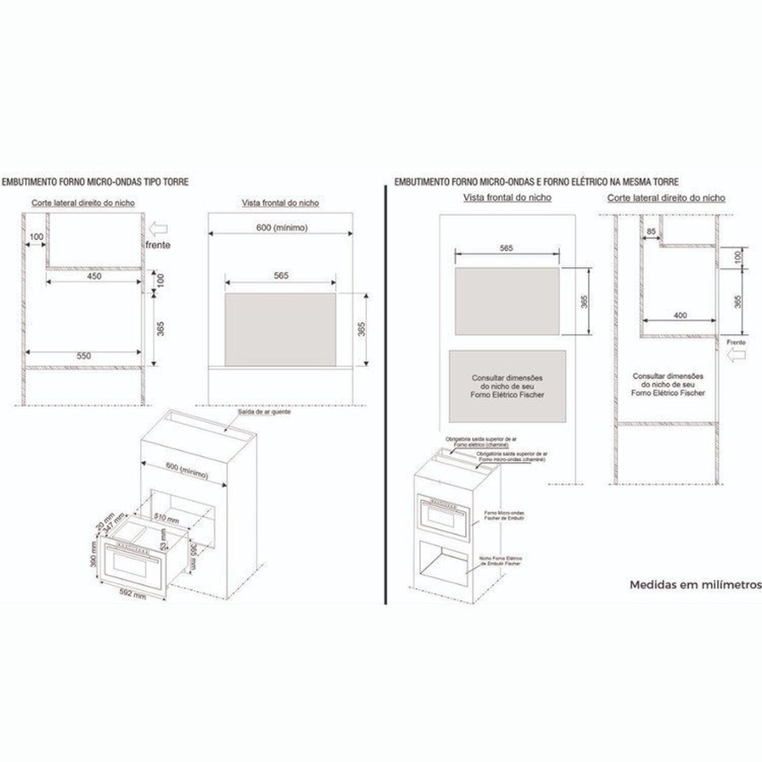 Conjunto de Embutir Fischer com Forno Elétrico 50l com Air Fryer 220v + Micro-ondas 25l com Dourador 220v + Cooktop 5 Bocas Tripla Chama Linha Infinity - 19