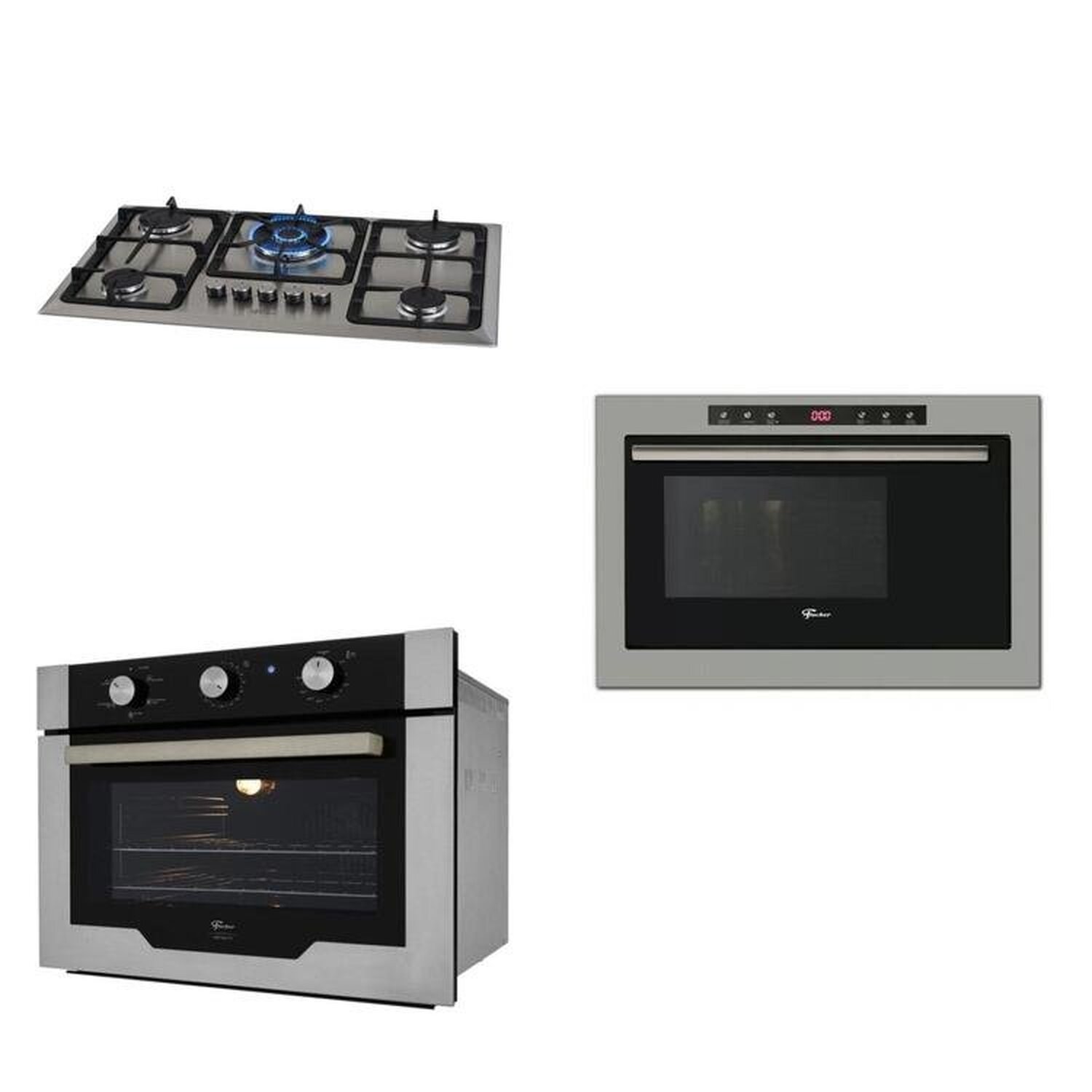 Conjunto de Embutir Fischer com Forno Elétrico 50l com Air Fryer 220v + Micro-ondas 25l com Dourador 220v + Cooktop 5 Bocas Tripla Chama Linha Infinity - 1