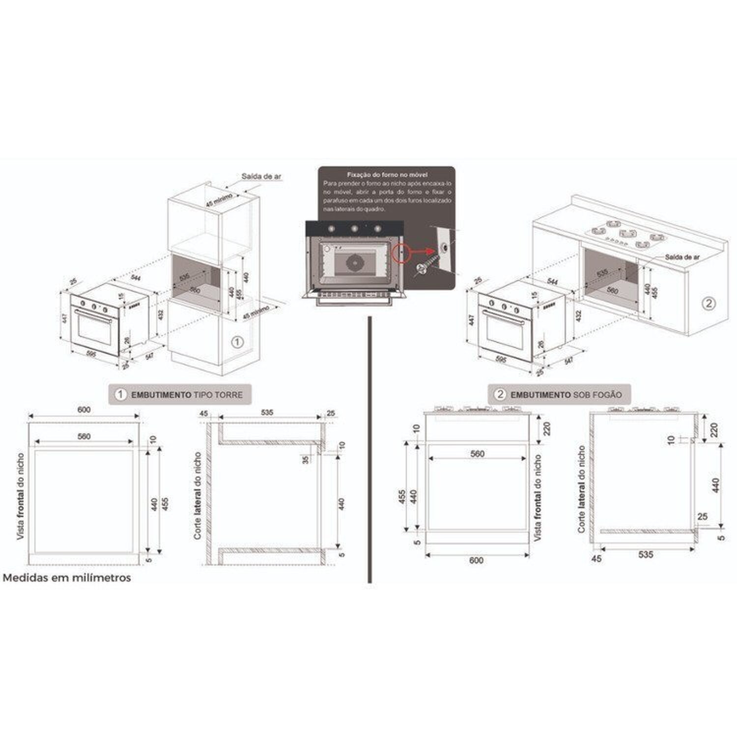 Conjunto de Embutir Fischer com Forno Elétrico 50l com Air Fryer 220v + Micro-ondas 25l com Dourador 220v Linha Infinity - 8