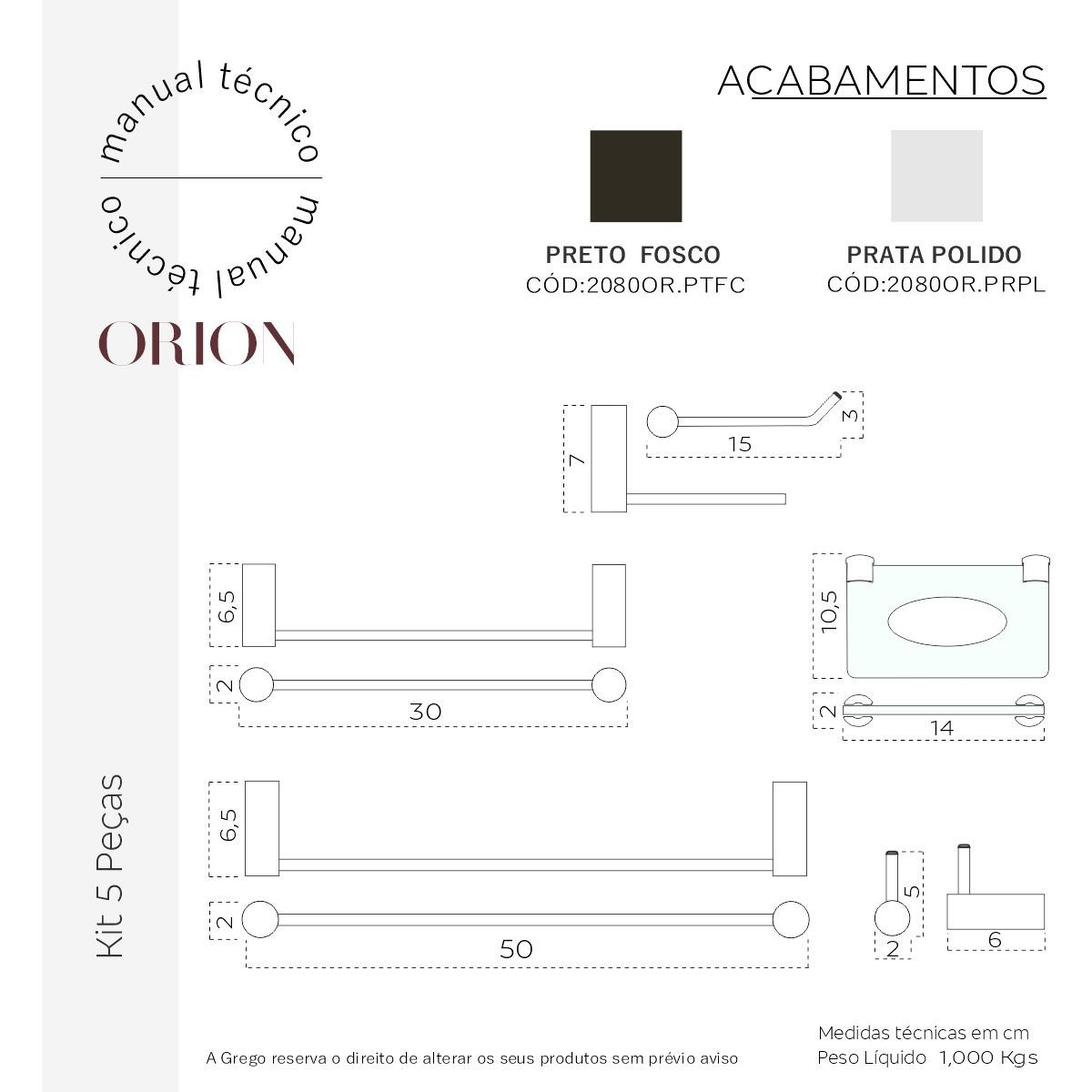 Kit de Acessórios para Banheiro Grego Metal 5 Peças Suporte Redondo Preto Fosco Acetinado Orion - 4