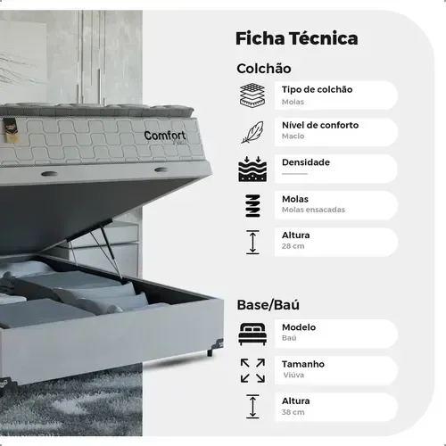 Ver imagem 3 de Cama Box Baú Viúva + Colchão Comfort Class Pillow Top Branco/suede Branco