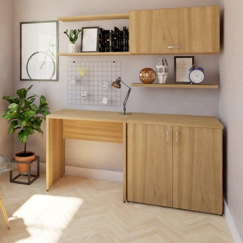 Conjunto Home Office Escrivaninha Balcão 2 Portas Armário Aéreo 3 Prateleiras Bramov