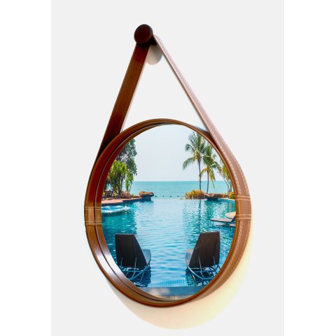 ESPELHO REDONDO DECORATIVO COM MOLDURA ALÇA DE COURO 40CM CARAMELO
