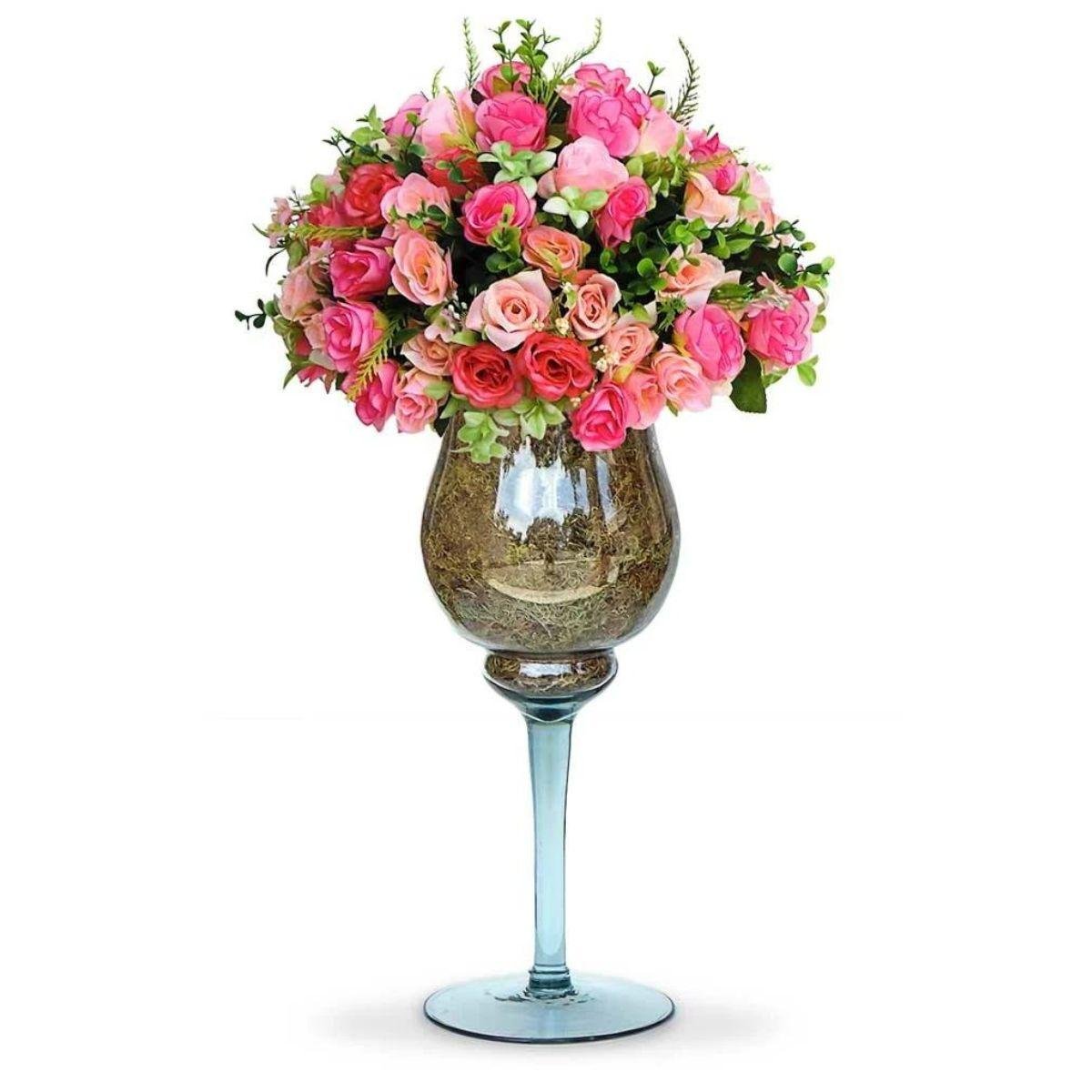 Arranjo Centro de Mesa Vaso Taça Vidro Flores Rosas Lindas