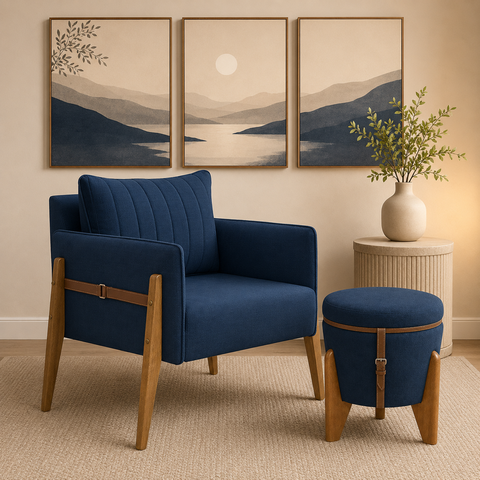 Conjunto para Sala de Estar com Poltrona e Puff Orion Veludo Azul Marinho