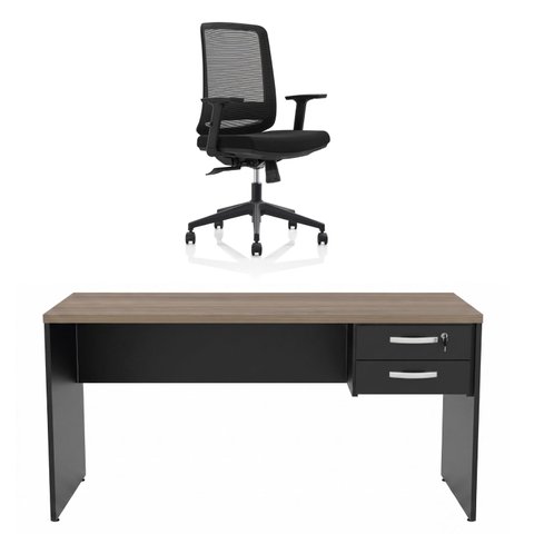Conjunto Mesa de Escritório 160x60cm com Gaveta + Cadeira Netflex Ergonômica Premium