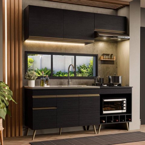 Cozinha Completa Compacta Florença 6 Portas 1 Gaveta MDP 190cm Preta Multimóveis
