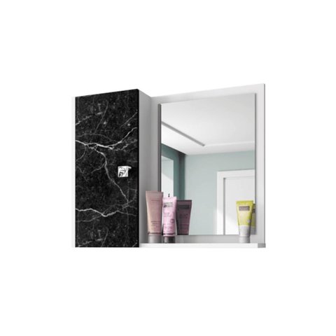 Espelheira Gênova P/ Banheiro com Porta e 6 Nichos e Prateleira Branco/nero